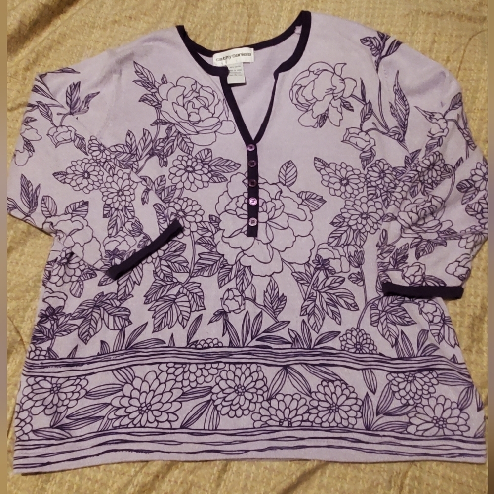 Cathy Daniels Women's Floral Sweater Size Large Purple 100% Cotton 3/4 Sleeve - Picture 2 of 8
